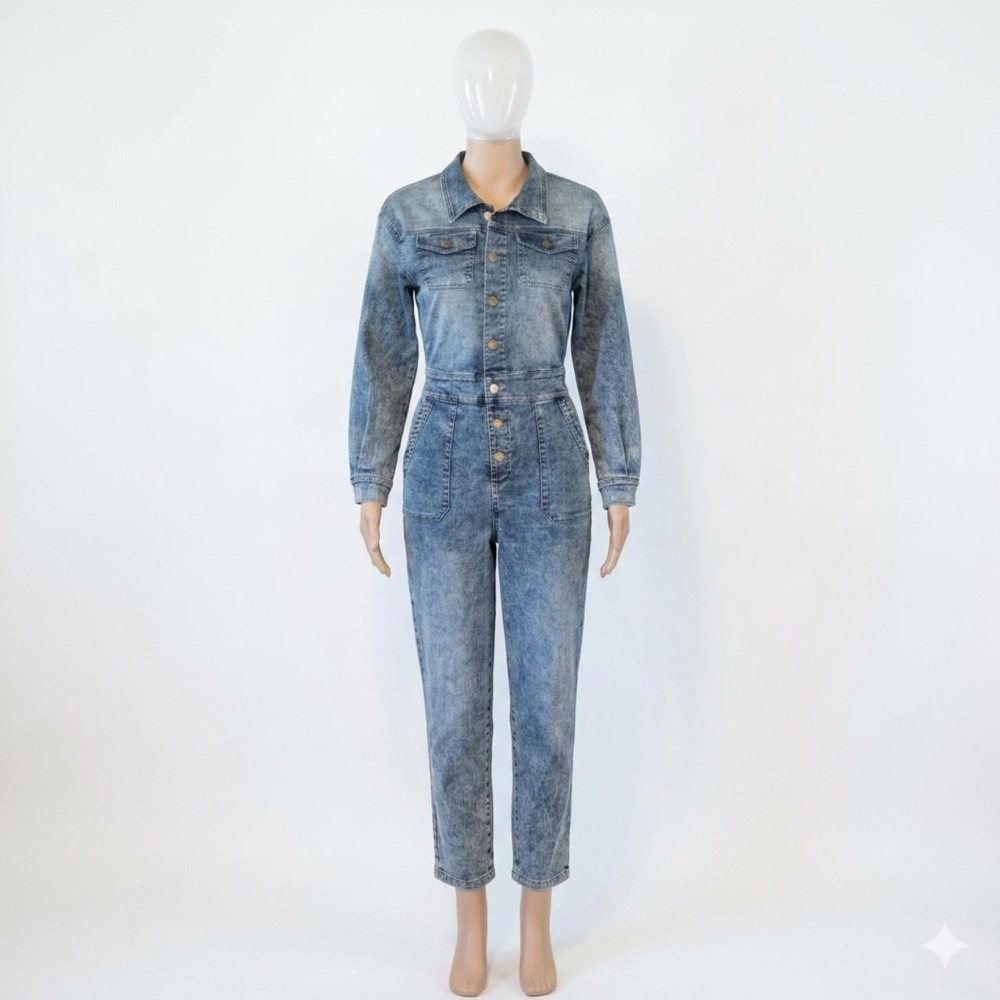 Unbranded Acid Wash Denim Utility Jumpsuit Long Sleeve Blue Medium